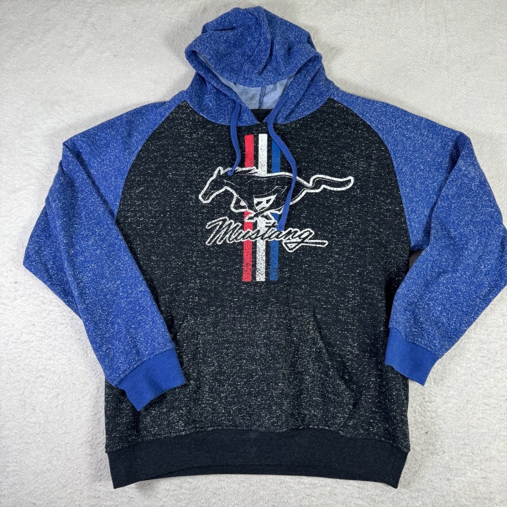 Ford Mustang Hoodie Mens Medium Blue Charcoal Raglan Graphic Sweatshirt Exc